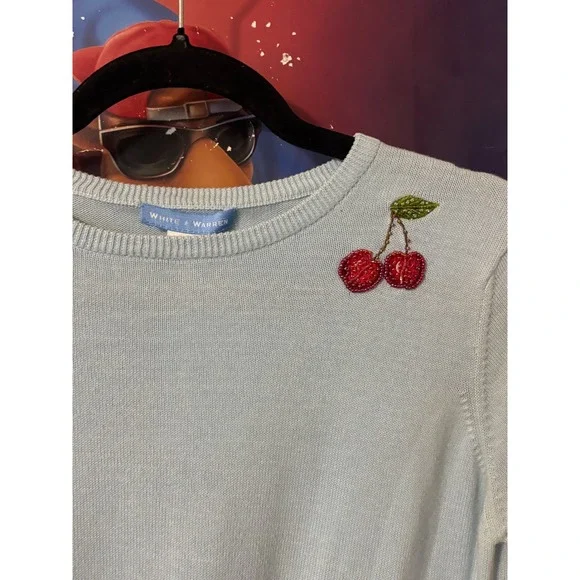 White + Warren Light Blue Beaded Cherry Knit Short Sleeve Sweater Top Womens y2k - Picture 6 of 8